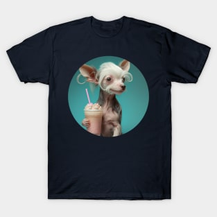 Cute Kawaii Chinese Crested Drinking Bubble Tea - Adorable Dog Lover's Design for Tea Enthusiasts T-Shirt